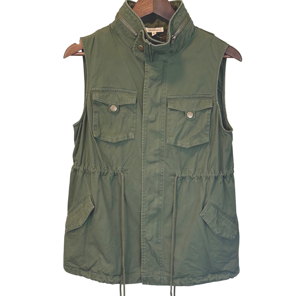 Pleione Army Green Cotton Canvas Sleeveless Vest Size Small - Picture 2 of 9